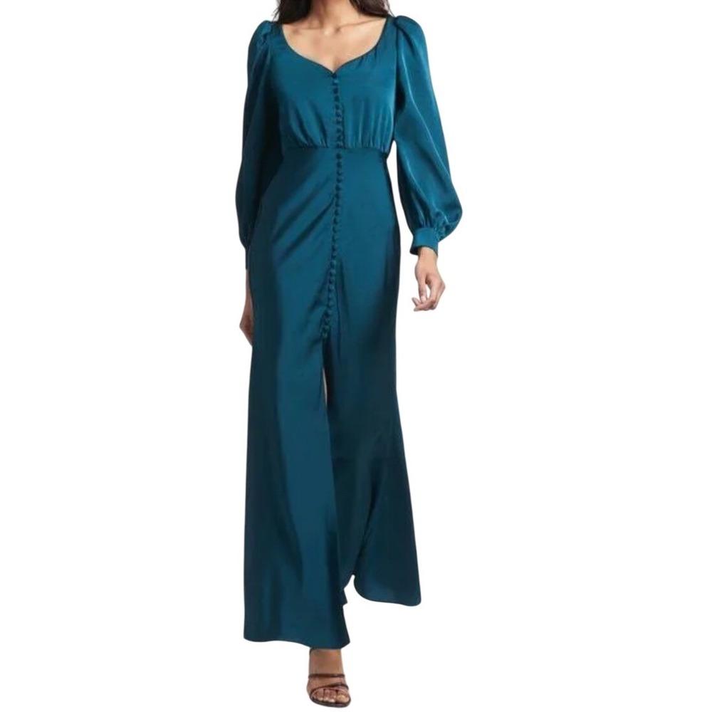 $525 SACHIN & BABI Amy Dress Bottle Green Blue Button‎ Front Satin Midi SZ 4